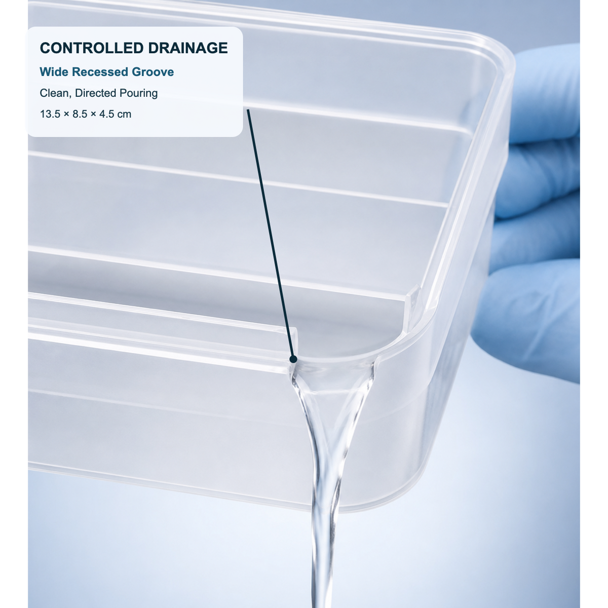 Wide recessed drainage groove on a clear double-layer WB incubation box guiding a clean directed pour