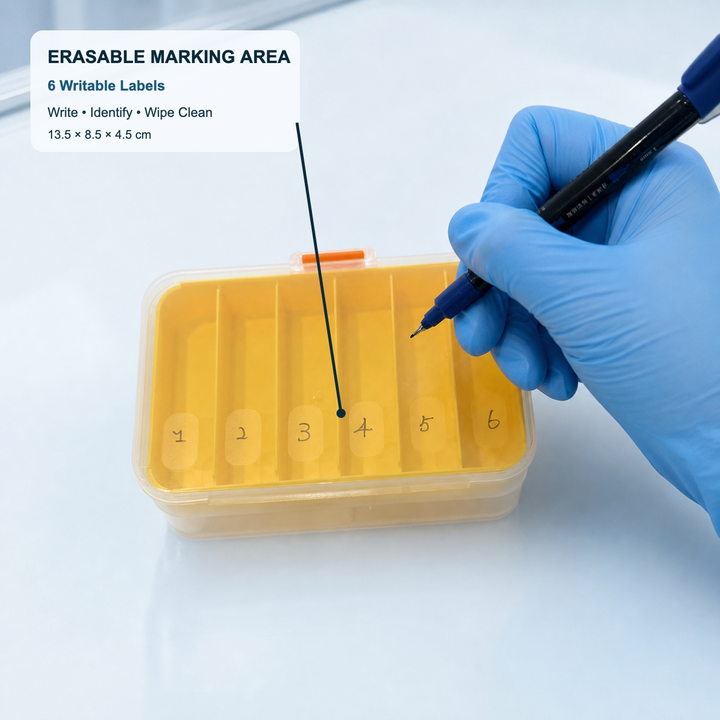 Erasable numbered marking areas on the six-compartment yellow WB incubation tray
