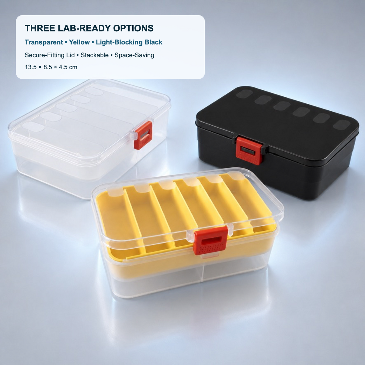 Transparent yellow and light-blocking black double-layer WB incubation boxes on a cold blue laboratory background