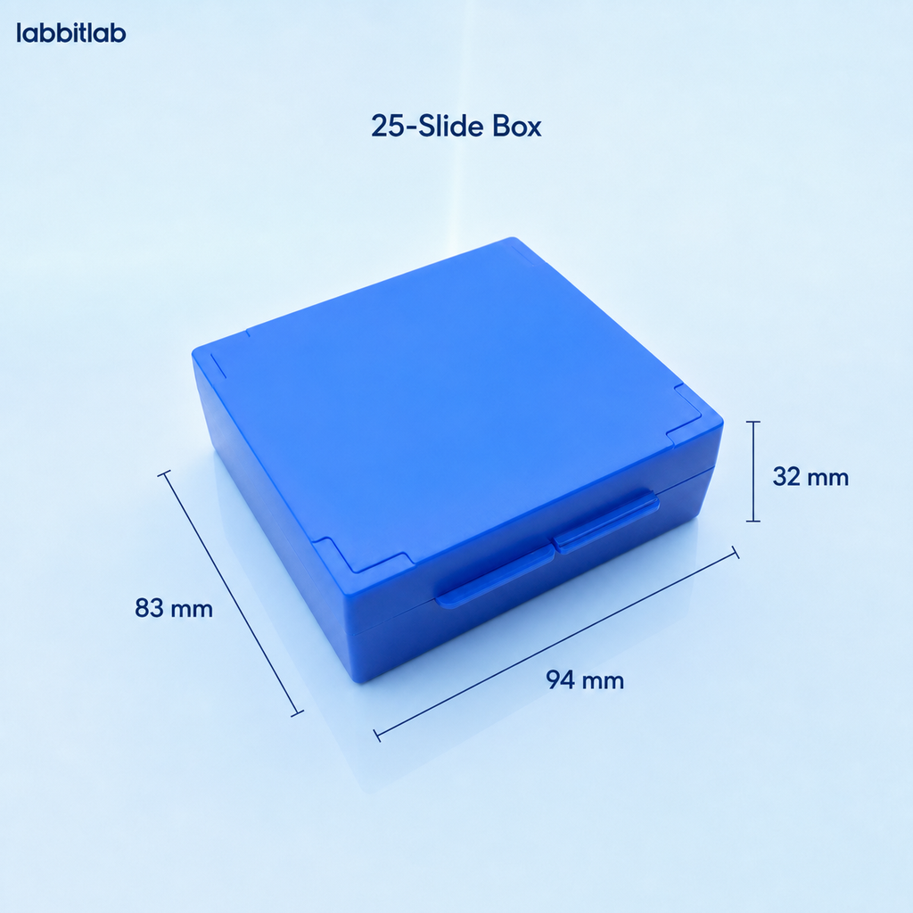 Standard 25-slide microscope storage box showing 94 × 83 × 32 mm dimensions