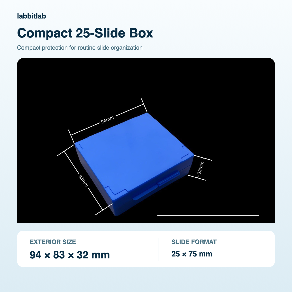 Blue 25-slide microscope slide storage box with exterior dimensions for laboratory storage