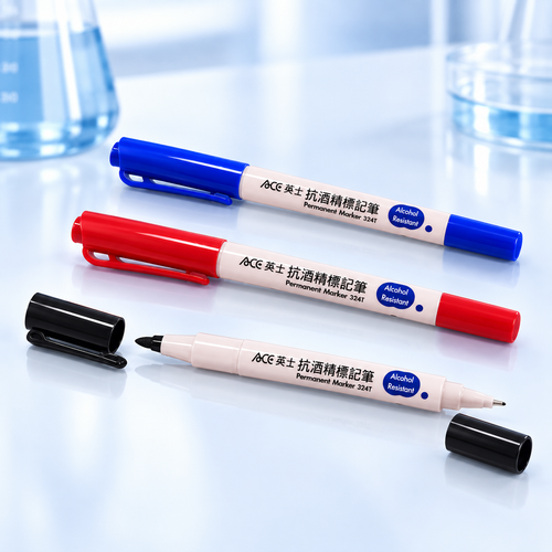 Black, blue, and red ACE 324T dual-tip alcohol-resistant laboratory markers
