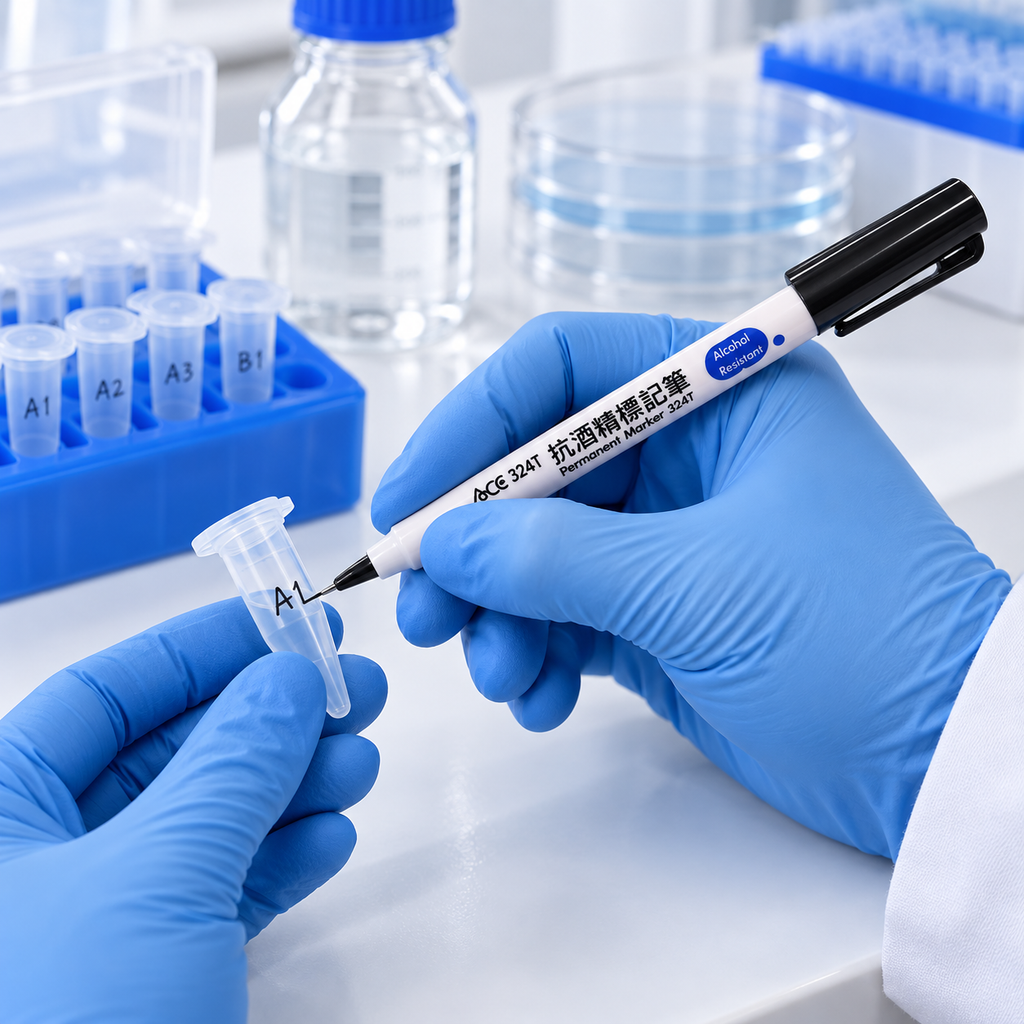 ACE 324T alcohol-resistant laboratory marker labeling a microcentrifuge tube
