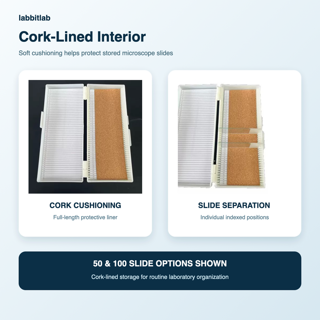 White cork-lined microscope slide storage boxes showing protective interior and indexed positions
