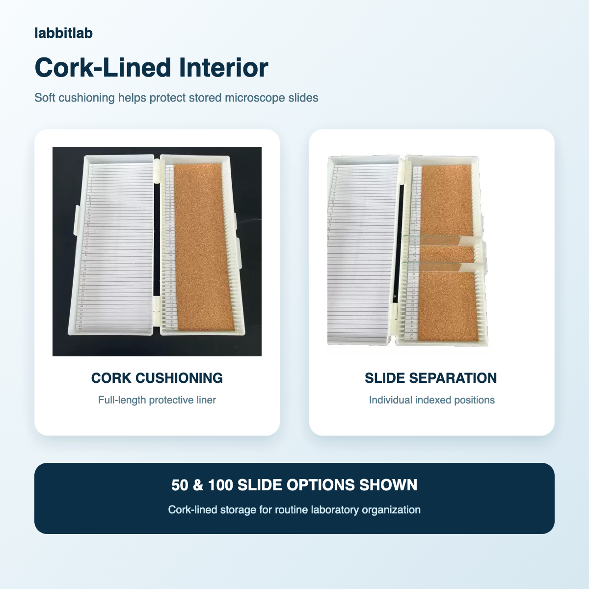 White cork-lined microscope slide storage boxes showing protective interior and indexed positions