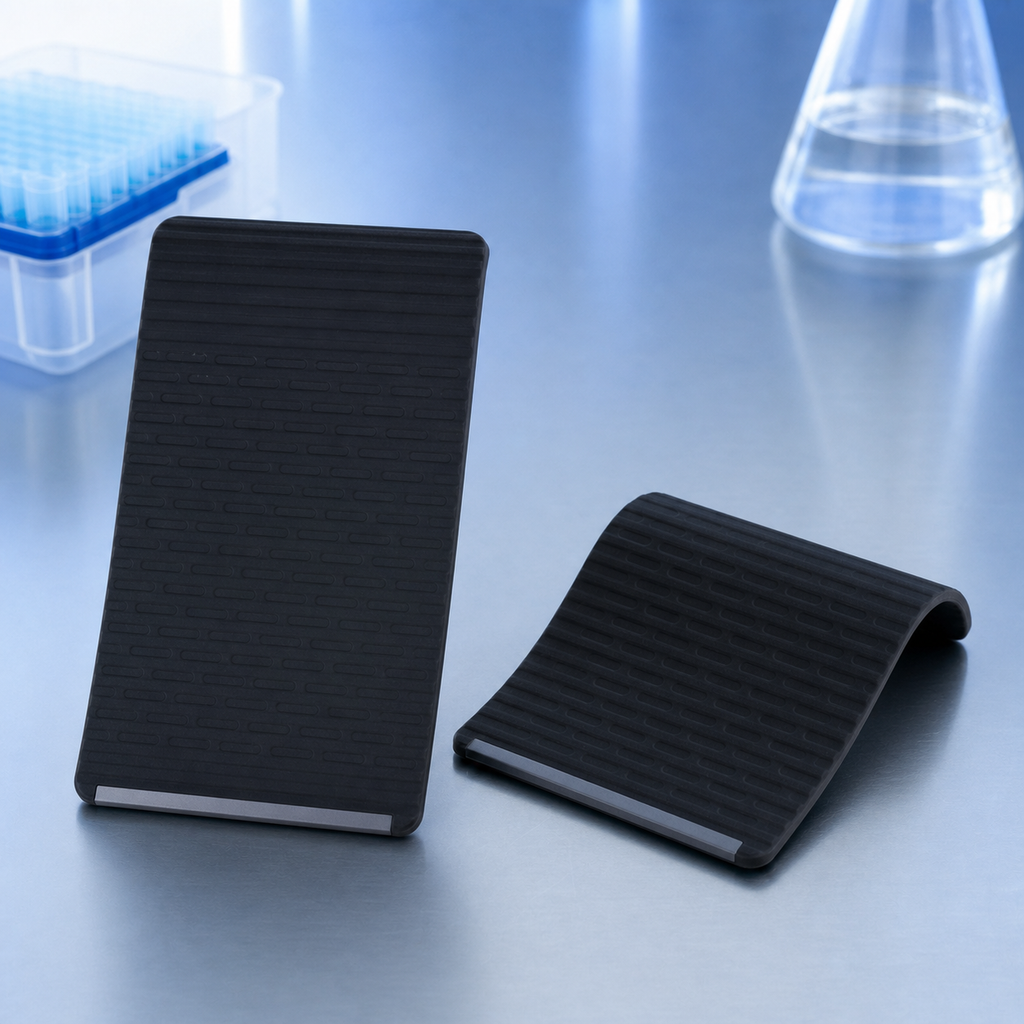 Flexible anti-slip laboratory plate holder tilted for steadier multiwell plate pipetting