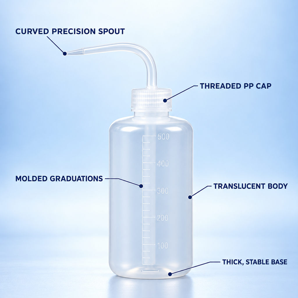 Feature callouts on a 500 mL graduated laboratory wash bottle with curved spout, PP cap, translucent body, molded graduations, and stable base