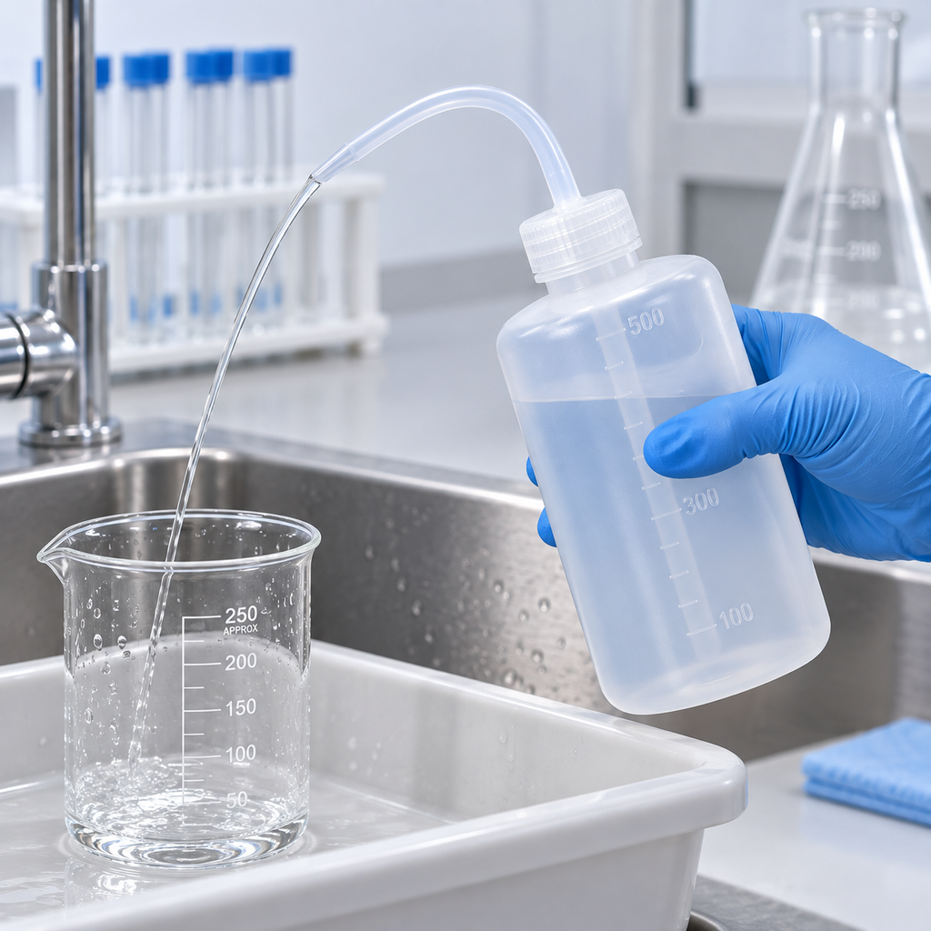500 mL curved-spout laboratory wash bottle rinsing a glass beaker at a lab sink