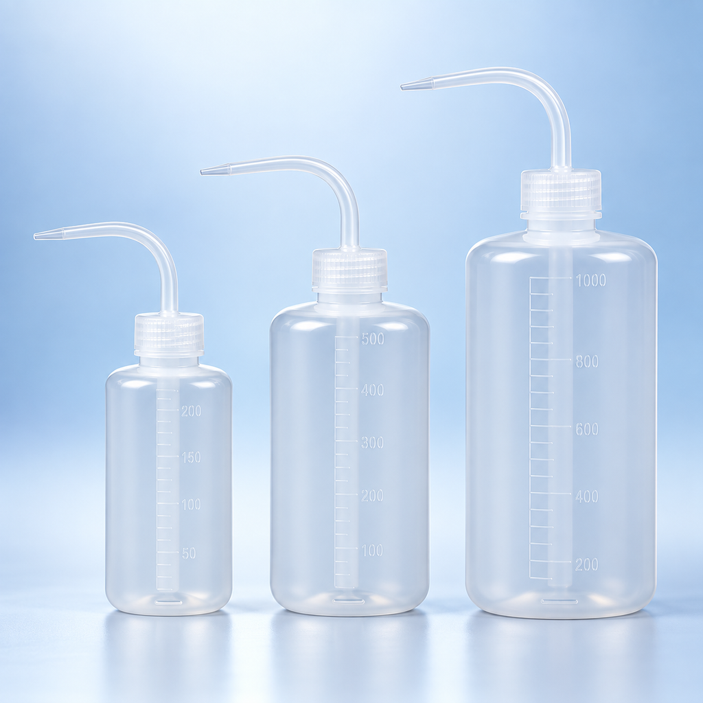 Graduated laboratory wash bottles with curved spouts in 250 mL, 500 mL, and 1000 mL sizes
