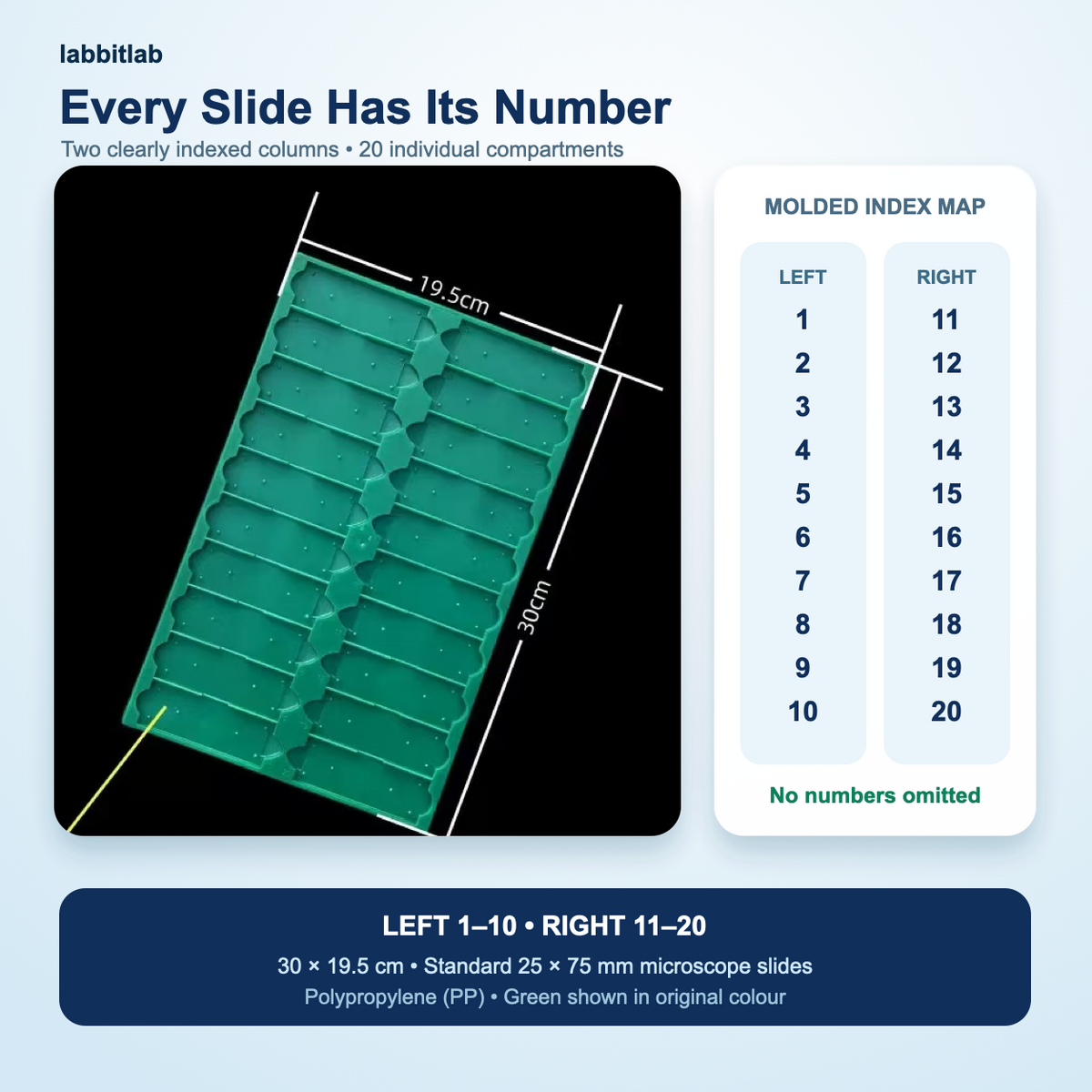 Green 20-slide microscope slide tray with left positions 1 to 10 and right positions 11 to 20