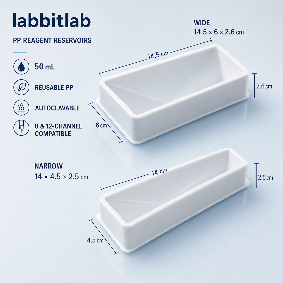 Wide and narrow reusable 50 mL PP reagent reservoirs with dimensions and autoclavable features