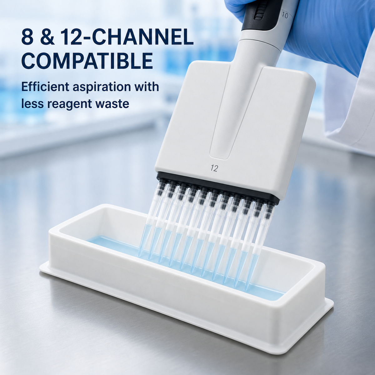 Reusable 50 mL V-bottom reagent reservoir used with a 12-channel pipette in a laboratory
