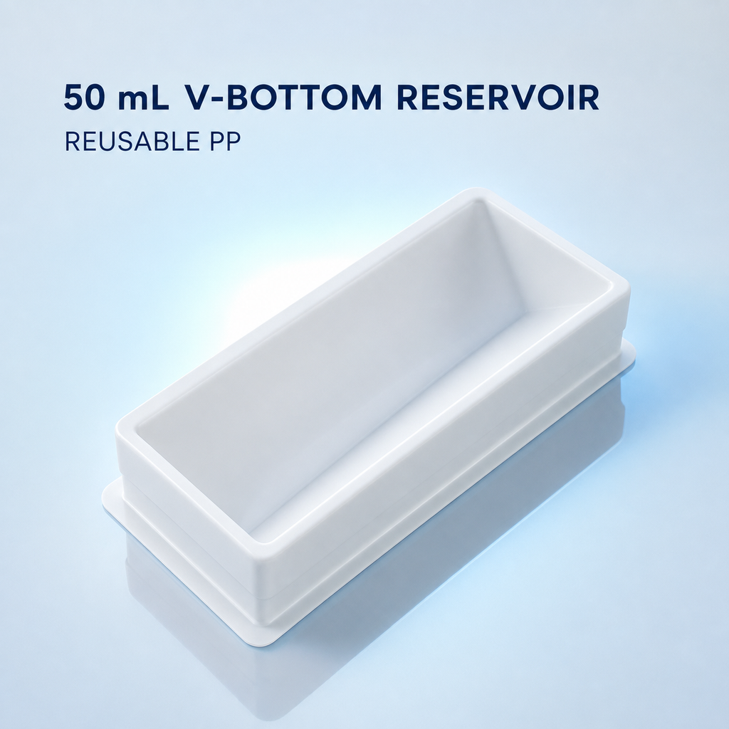 White 50 mL V-bottom reusable PP reagent reservoir on a cool blue laboratory background