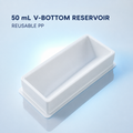 White 50 mL V-bottom reusable PP reagent reservoir on a cool blue laboratory background