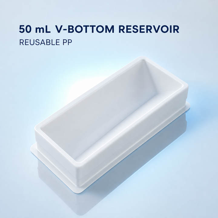 White 50 mL V-bottom reusable PP reagent reservoir on a cool blue laboratory background