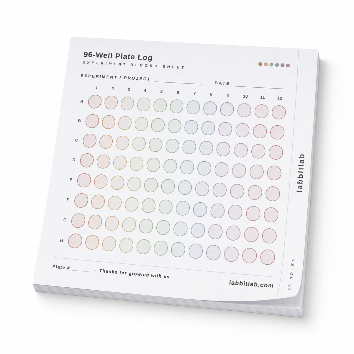 Top view of labbitlab 96-well plate log sticky note pad with 50 experiment record sheets