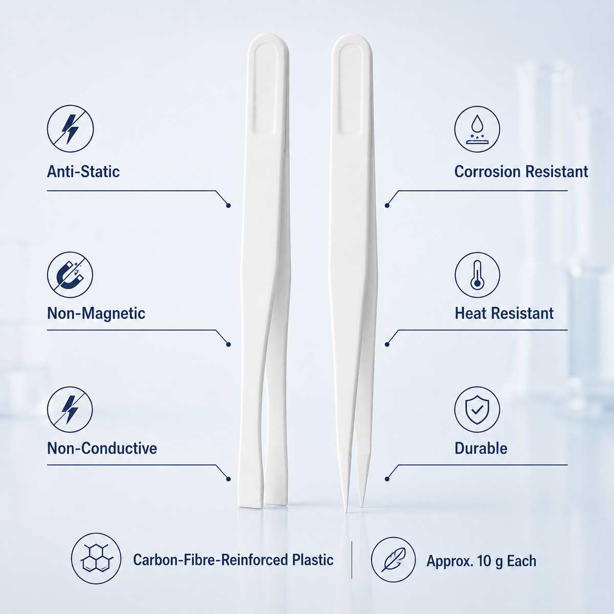 Anti-static non-magnetic and non-conductive carbon-fibre plastic laboratory tweezers feature overview