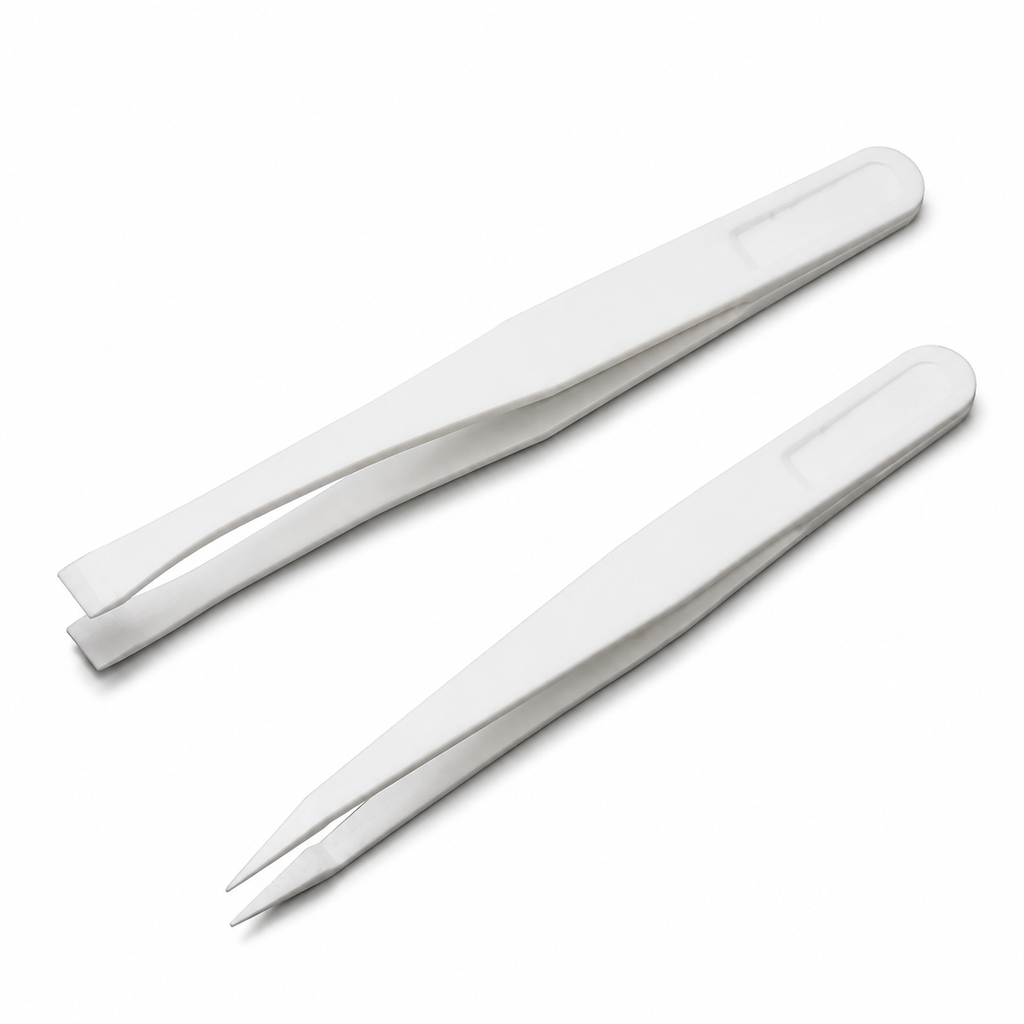 White carbon-fibre plastic laboratory tweezers with wide flat and fine point tip options