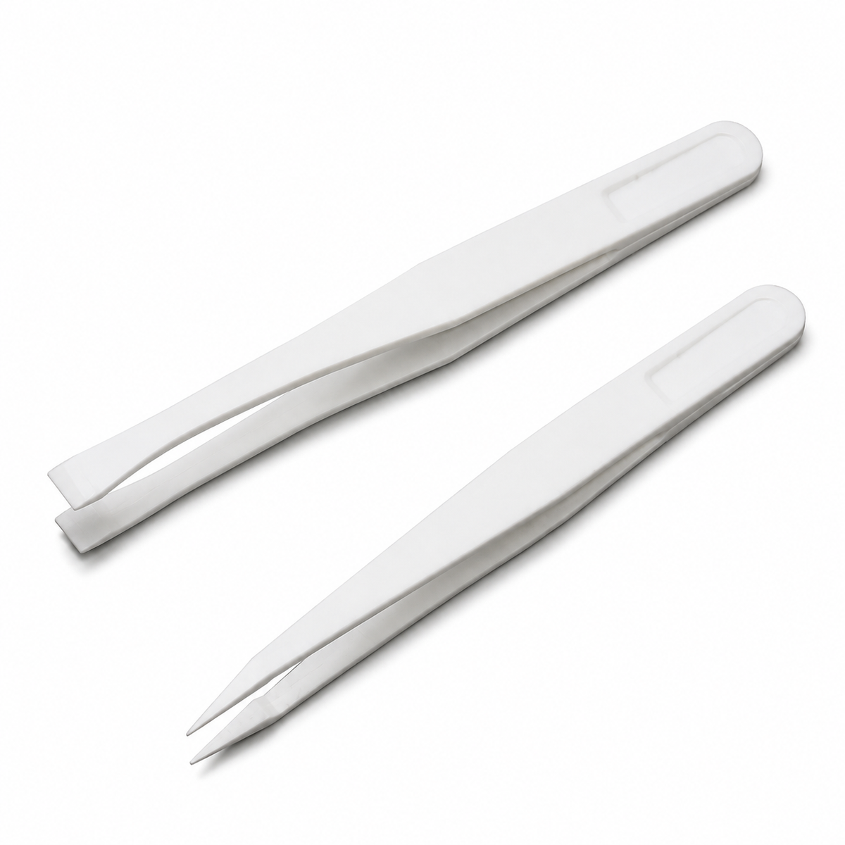 White carbon-fibre plastic laboratory tweezers with wide flat and fine point tip options