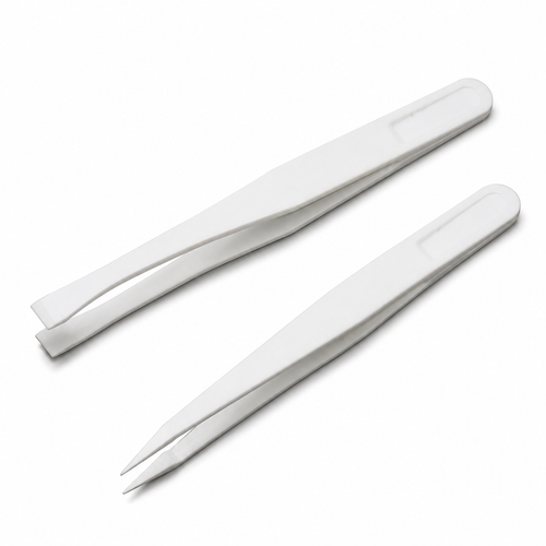 White carbon-fibre plastic laboratory tweezers with wide flat and fine point tip options
