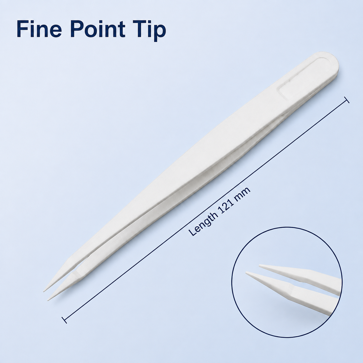 Fine point-tip white laboratory tweezers measuring 121 mm long for precise handling