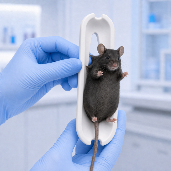 Reusable laboratory mouse restraint guard showing a mouse facing outward while dorsal skin is lifted through the access opening