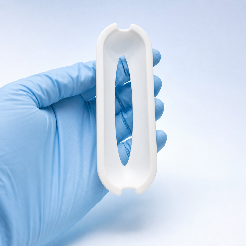 White mouse restraint guard held by a blue laboratory glove