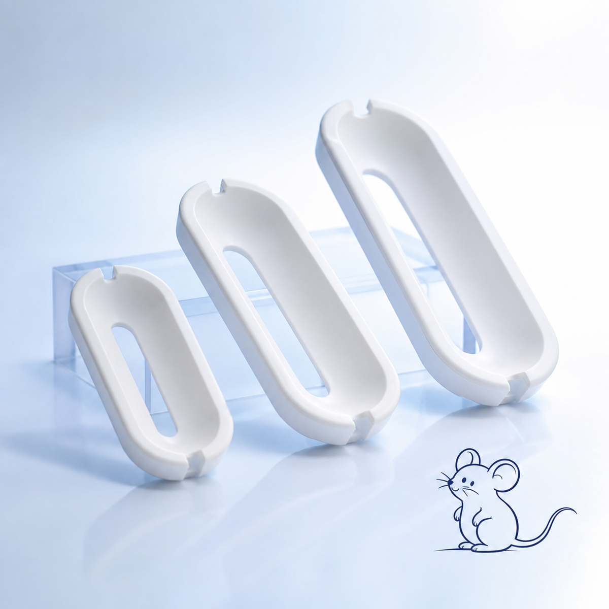 Three sizes of white laboratory mouse restraint guards with a cartoon mouse