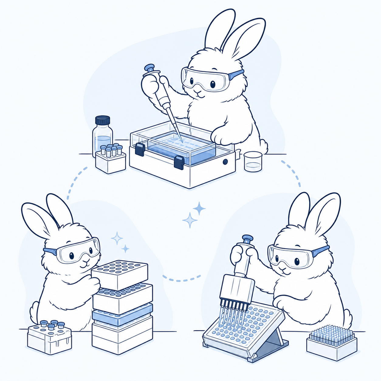 Labbitlab rabbit mascot demonstrating reagent-saving, bench-space-saving and easier pipetting tools