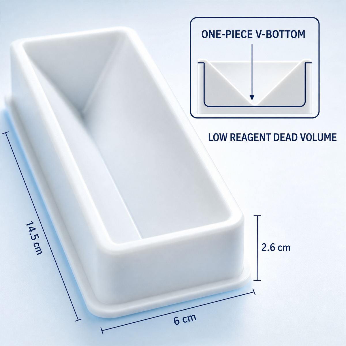 V-bottom 50 mL PP reagent reservoir showing low dead volume trough and product dimensions