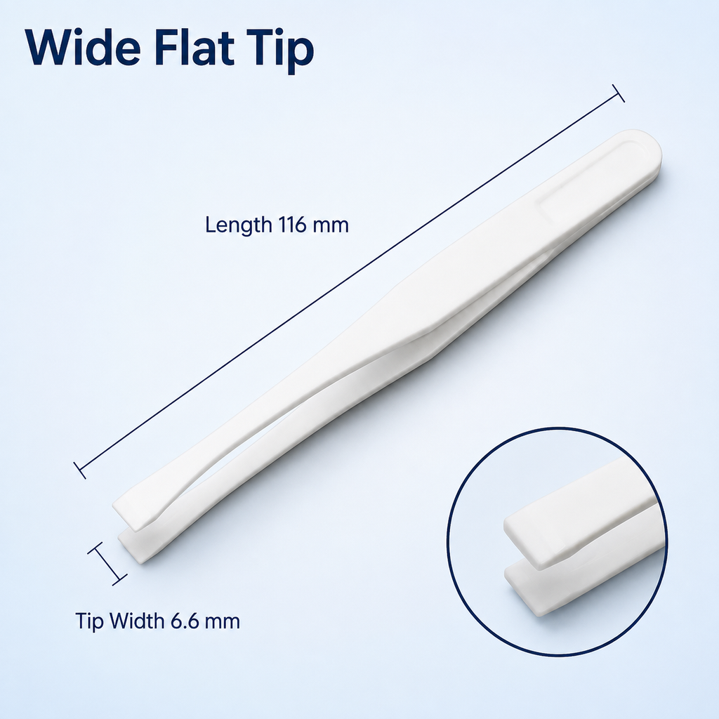 Wide flat-tip white laboratory tweezers measuring 116 mm long with a 6.6 mm tip width