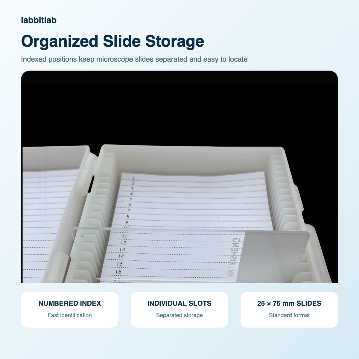 White microscope slide storage box interior with numbered index and individual grooved slots