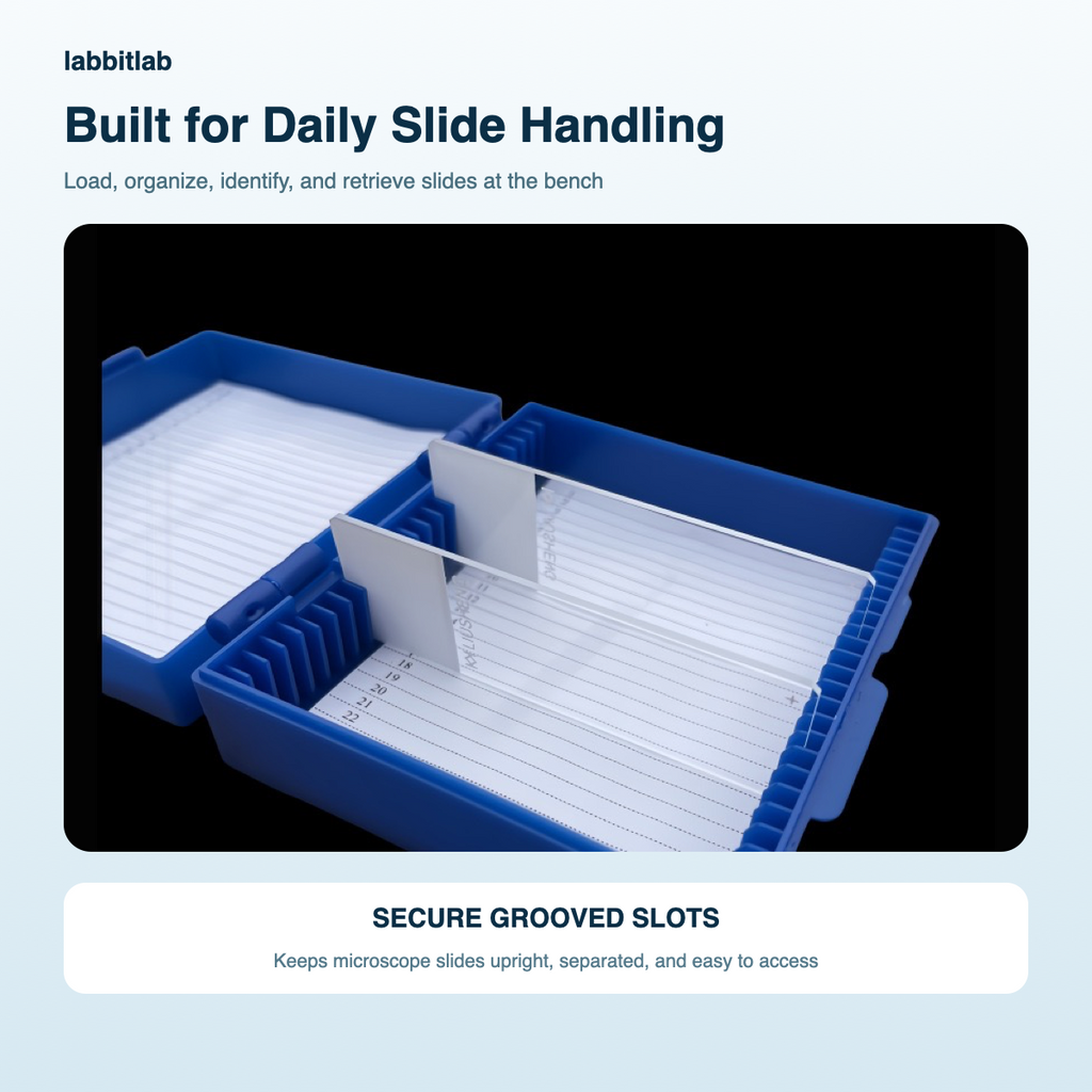 Blue 25-slide microscope storage box holding standard 25 × 75 mm slides in a laboratory workflow