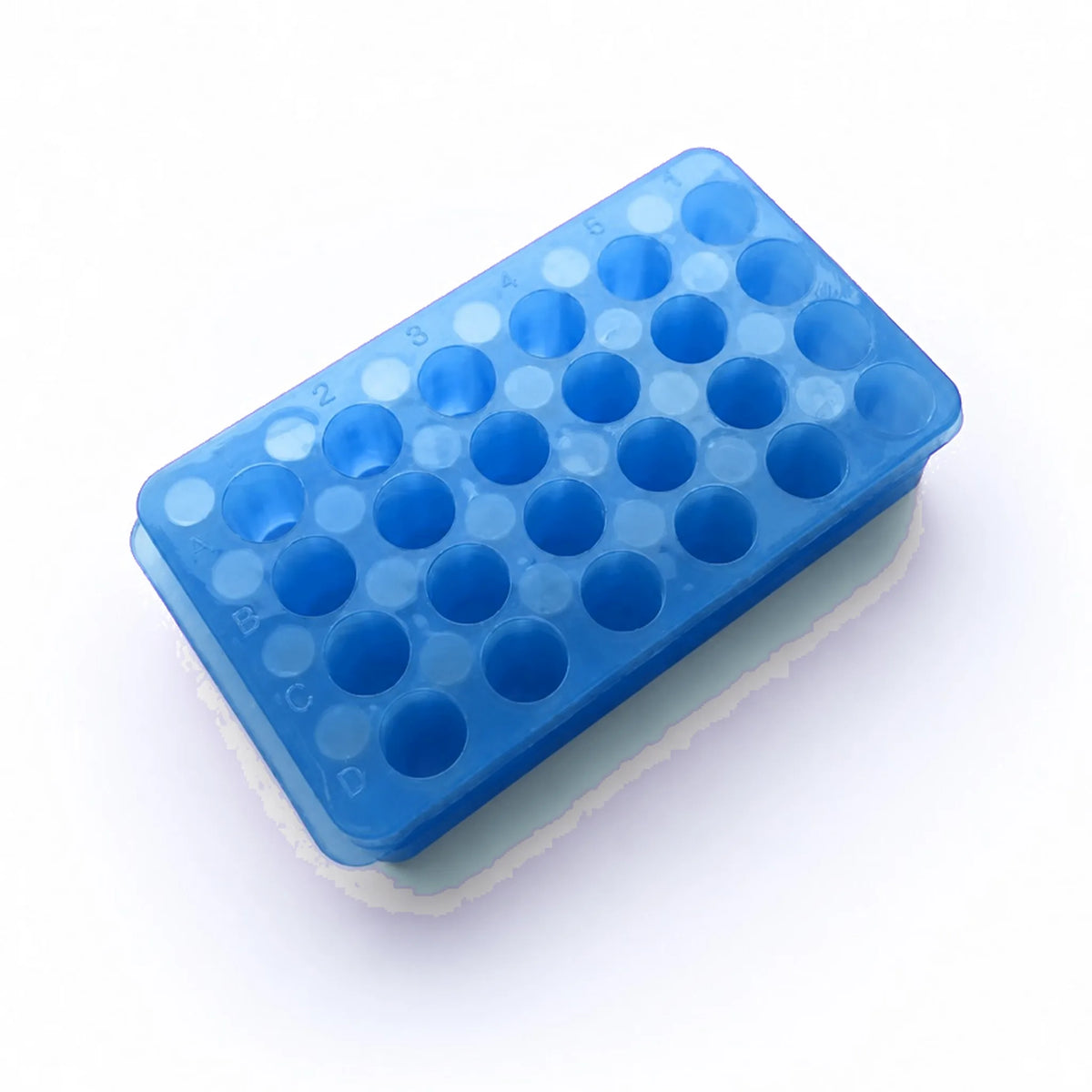 Blue translucent 24-well double-sided microcentrifuge tube rack, polypropylene.