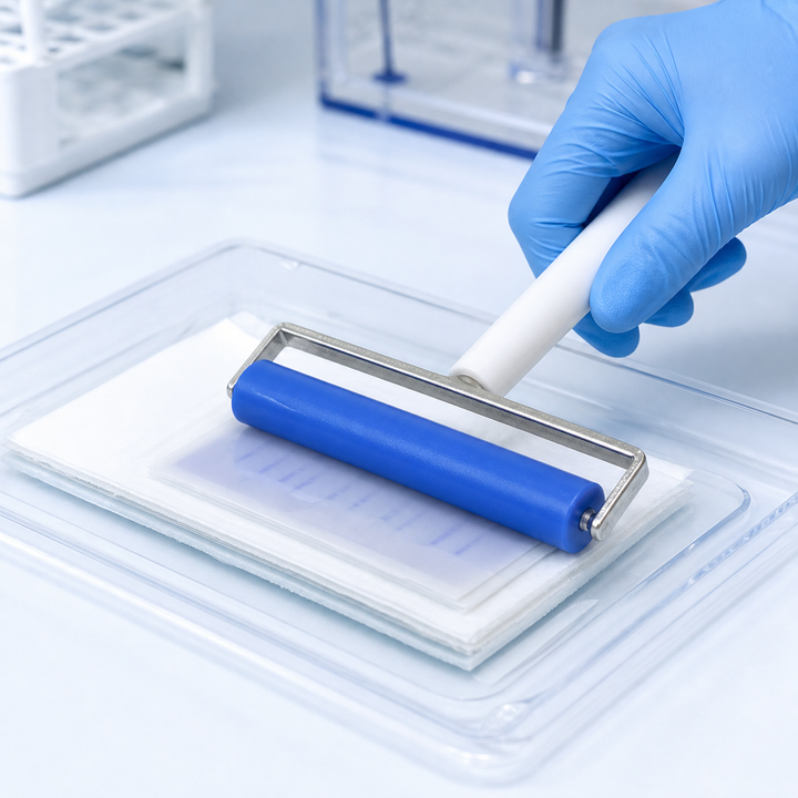 Western blot roller removing trapped air bubbles from a membrane transfer stack