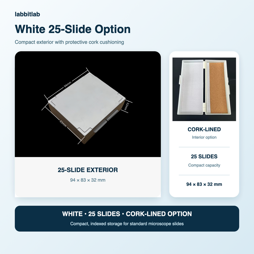 White 25-slide microscope slide storage box with compact exterior and cork-lined interior option
